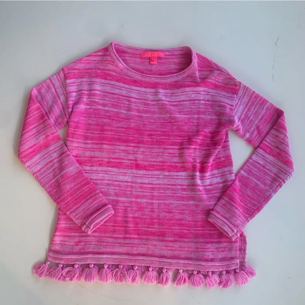 LILLY PULITZER Jody Relaxed Shoulder Sweater Sz XS Plumeria Pink Stripe Tassel